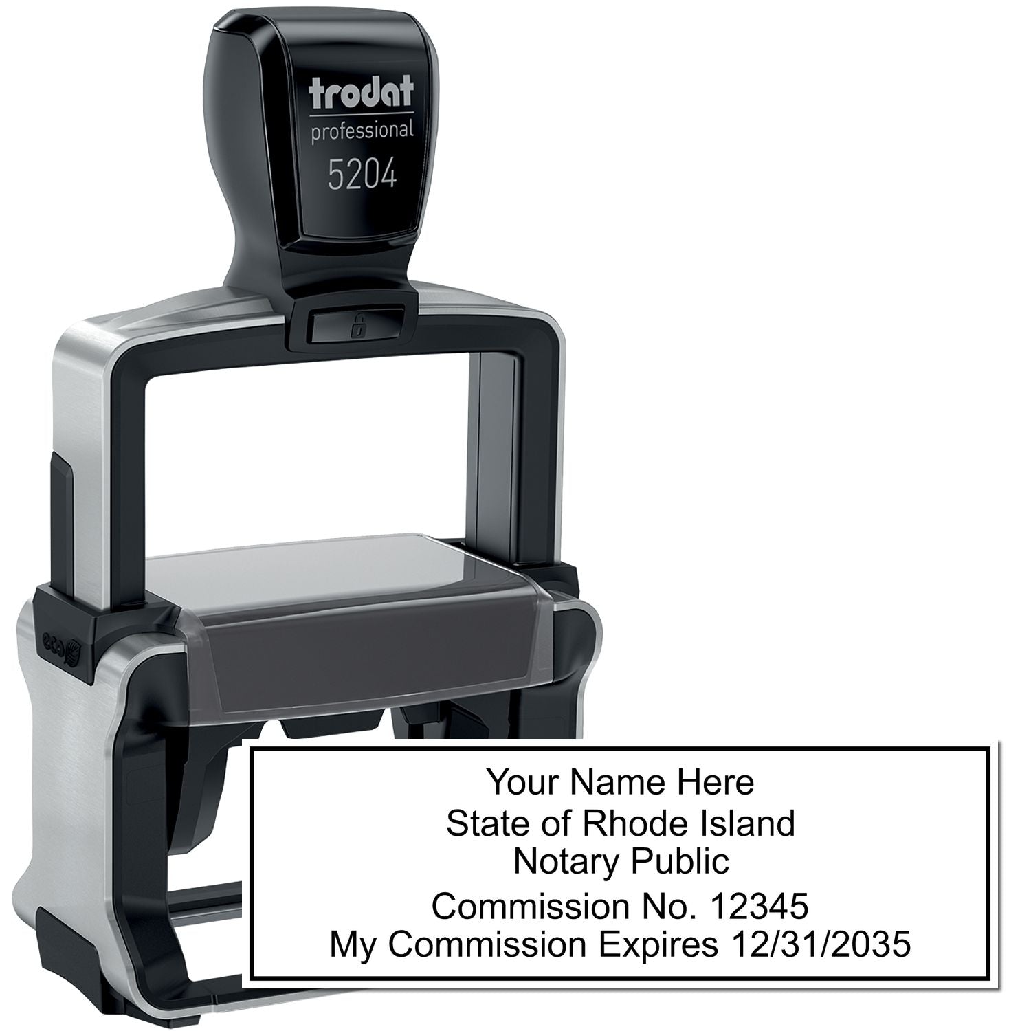 The main image for the Heavy-Duty Rhode Island Rectangular Notary Stamp depicting a sample of the imprint and electronic files