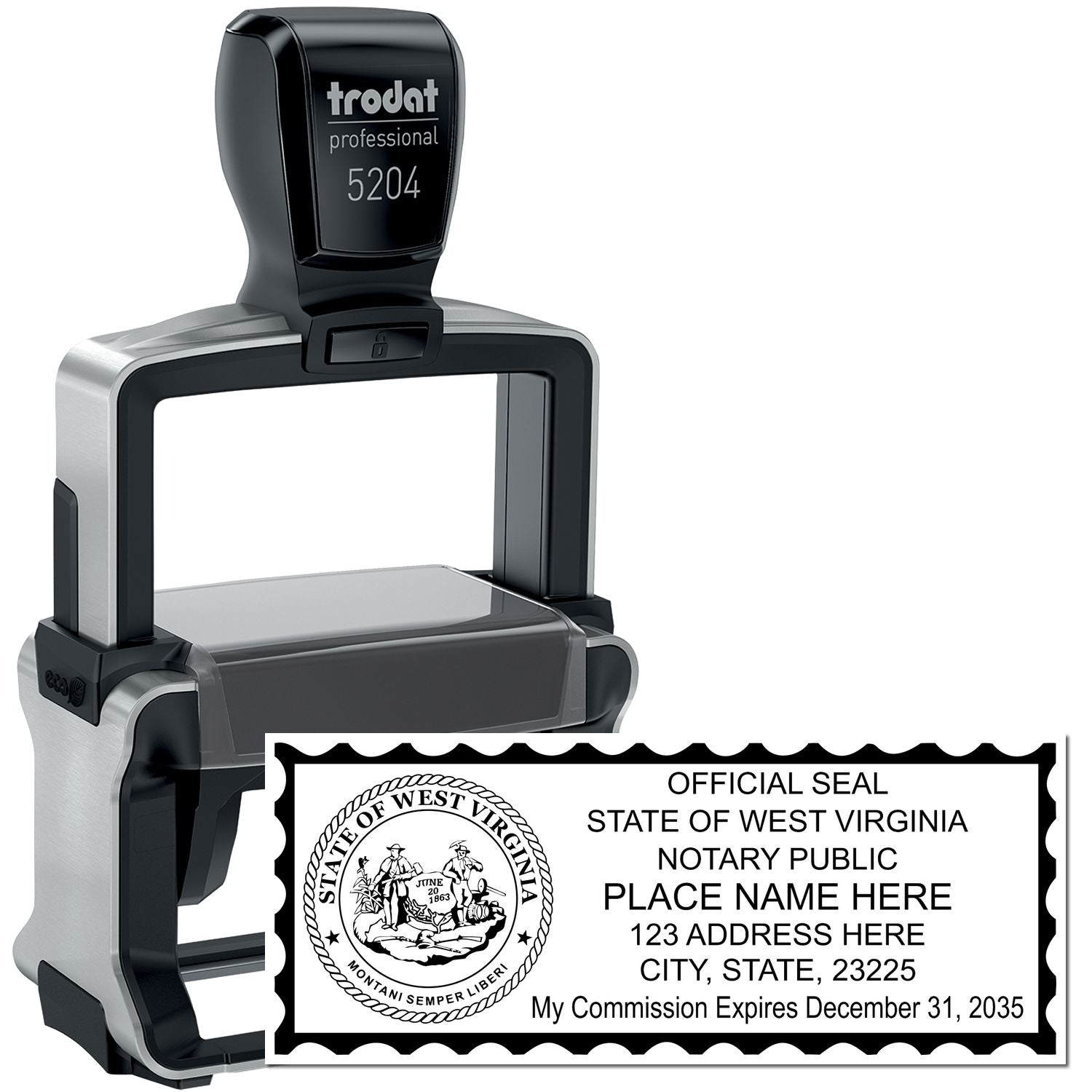 The main image for the Heavy-Duty West Virginia Rectangular Notary Stamp depicting a sample of the imprint and electronic files