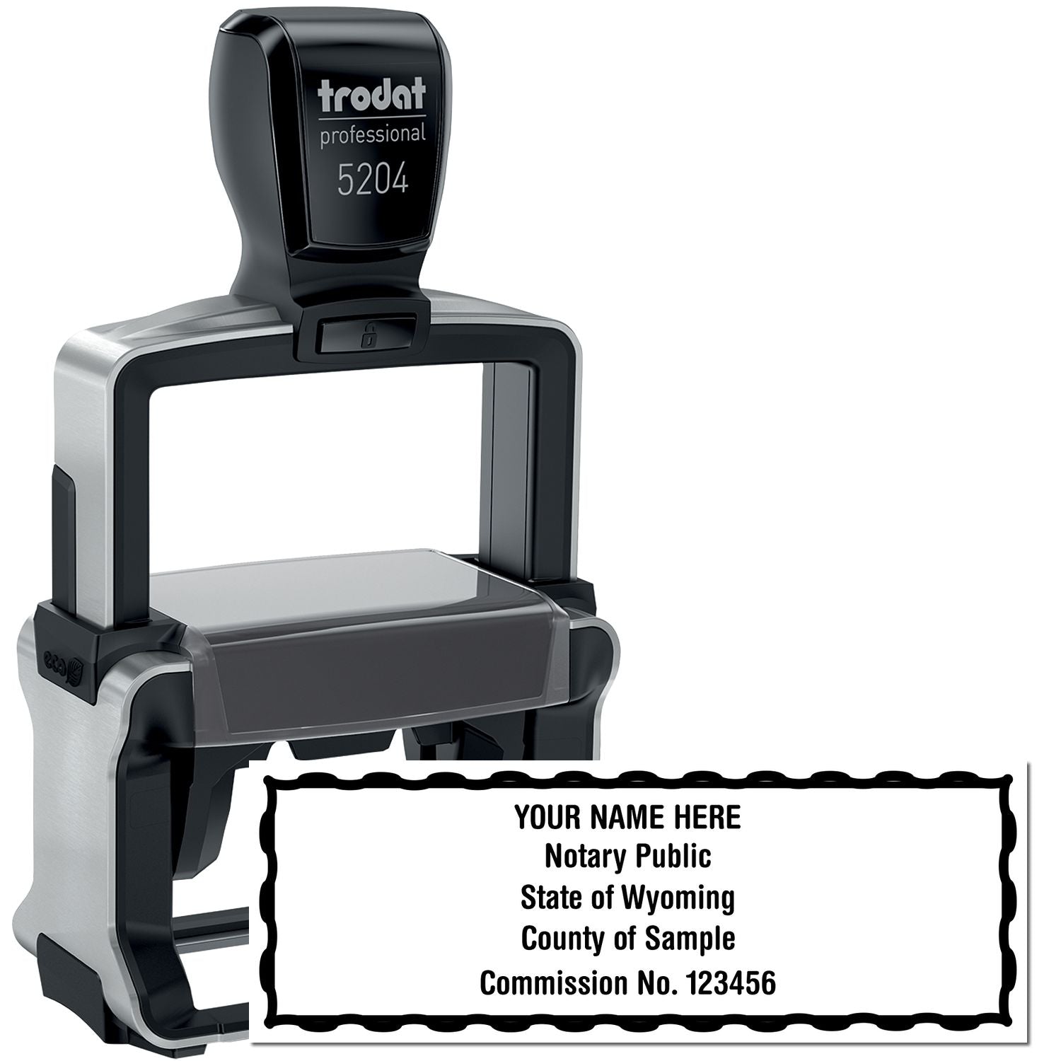 The main image for the Heavy-Duty Wyoming Rectangular Notary Stamp depicting a sample of the imprint and electronic files