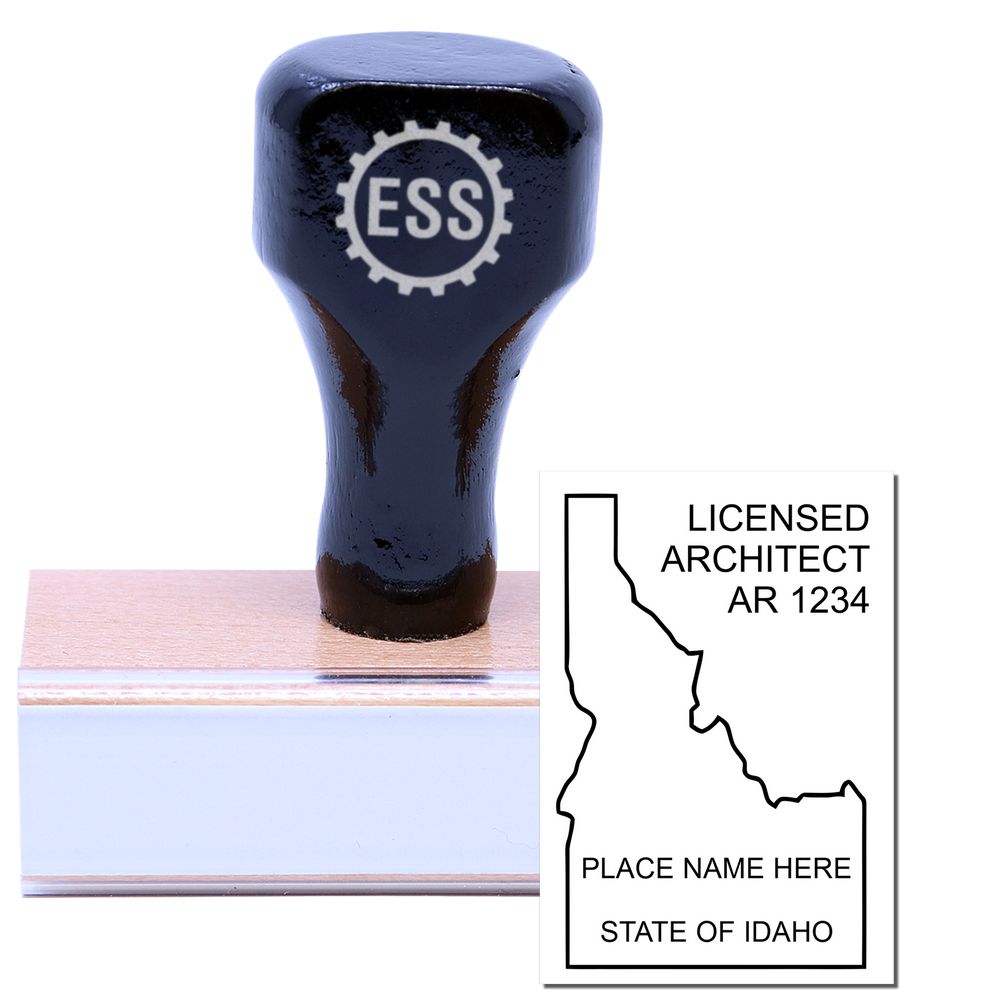 Idaho Architect Seal Stamp with a wooden handle and rubber base, featuring the state outline and text for licensed architects in Idaho.