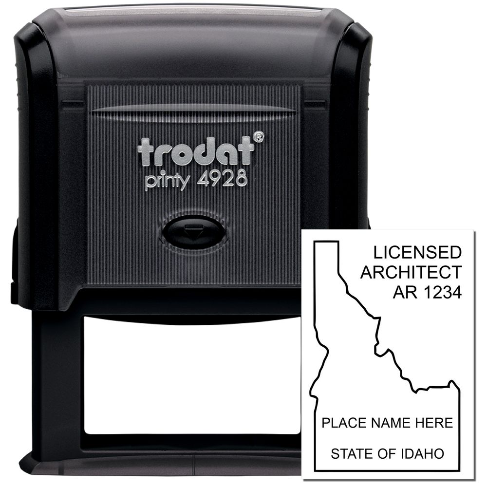 Self Inking Idaho Architect Stamp with a black casing and sample imprint showing Idaho state outline and licensed architect details.