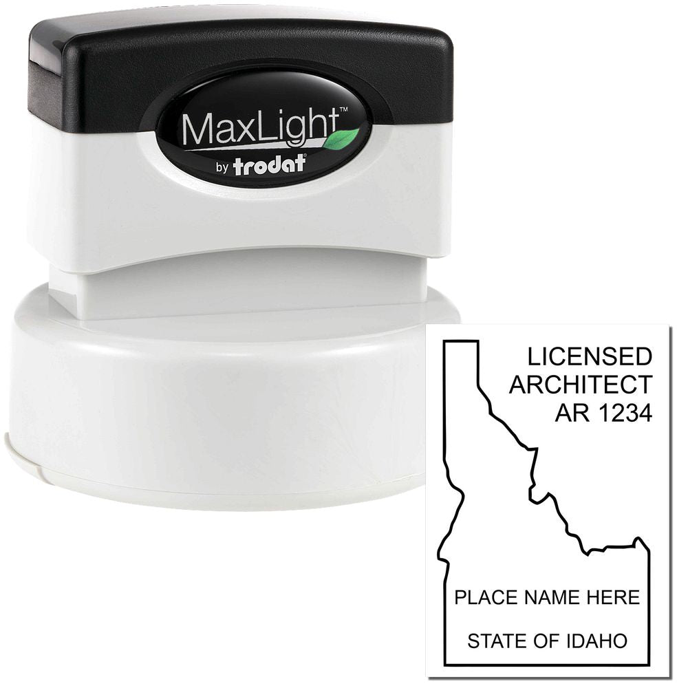 Image of the Premium MaxLight Pre-Inked Idaho Architectural Stamp, featuring a black and white stamp with a sample imprint of the state of Idaho.