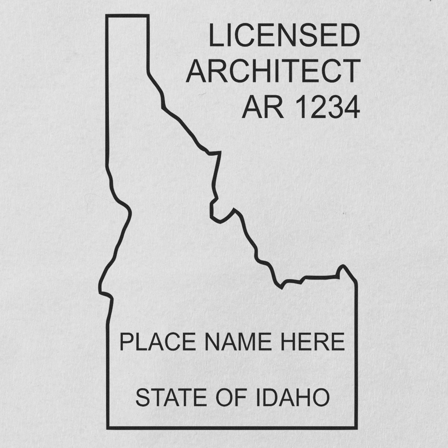 Premium MaxLight Pre-Inked Idaho Architectural Stamp with outline of Idaho, text "LICENSED ARCHITECT AR 1234," "PLACE NAME HERE," and "STATE OF IDAHO."