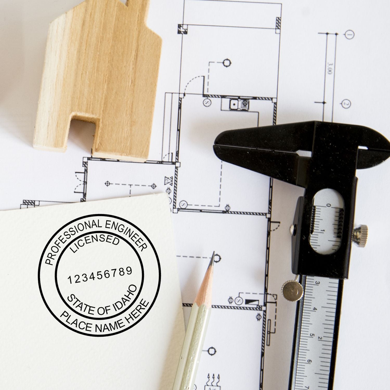 An alternative view of the Digital Idaho PE Stamp and Electronic Seal for Idaho Engineer stamped on a sheet of paper showing the image in use