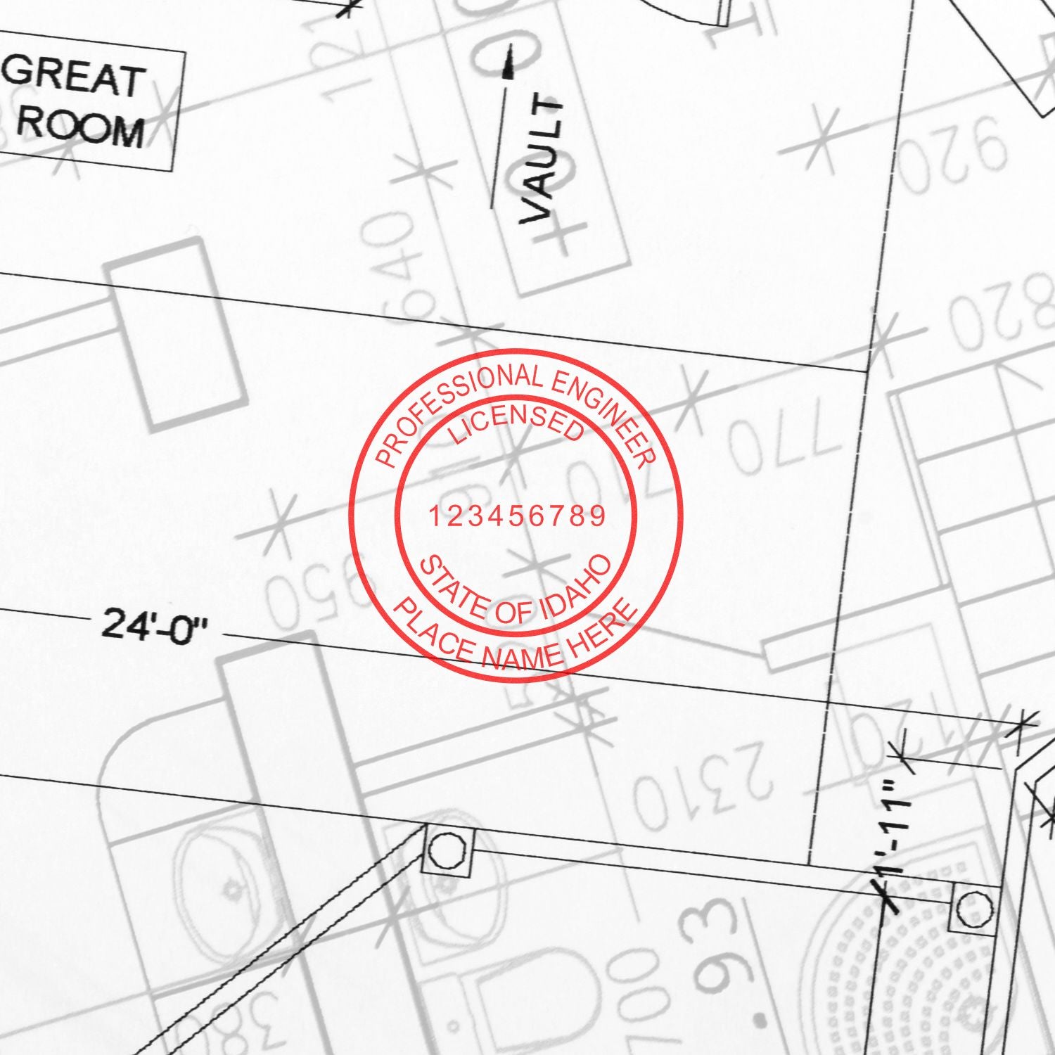 An alternative view of the Premium MaxLight Pre-Inked Idaho Engineering Stamp stamped on a sheet of paper showing the image in use