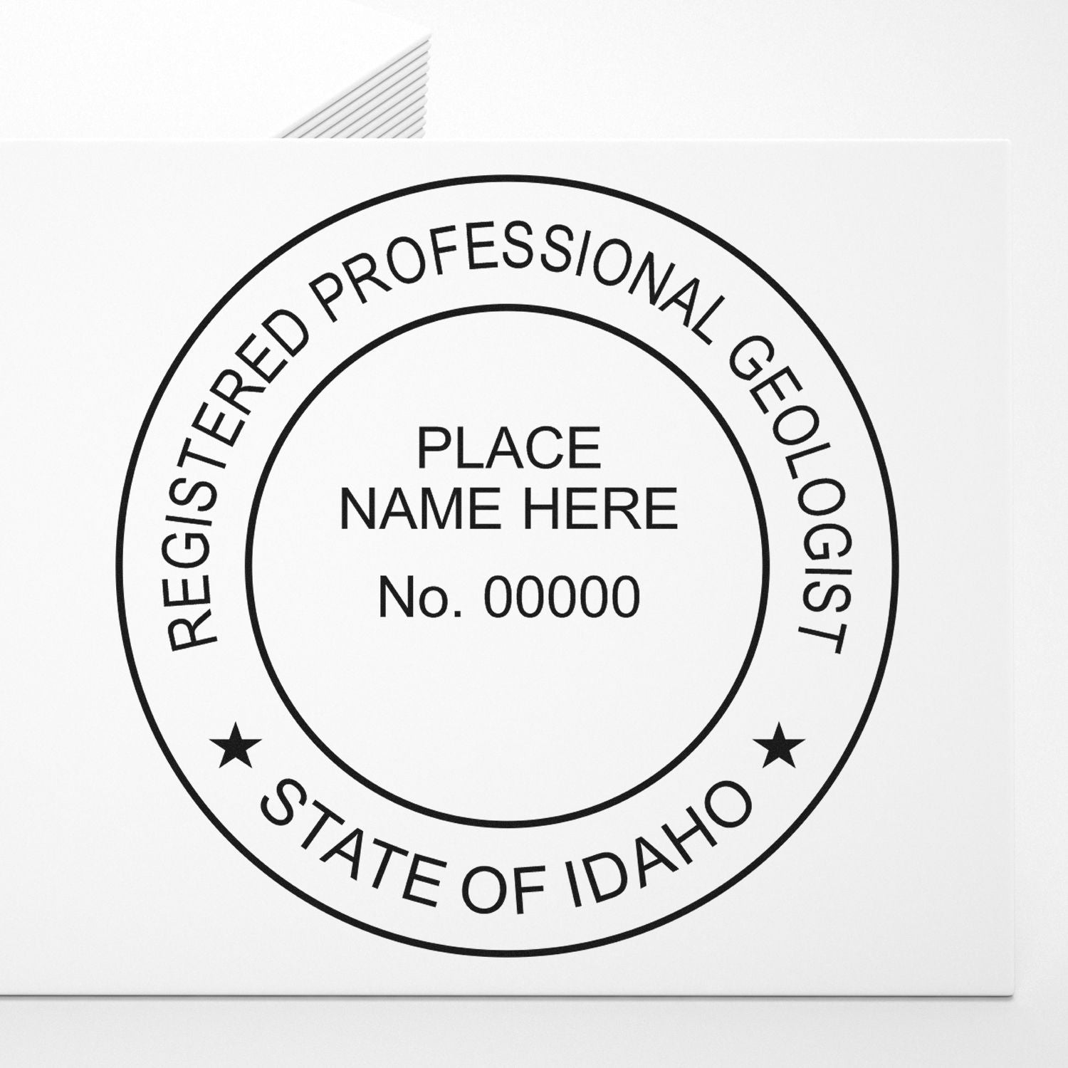 A photograph of the Slim Pre-Inked Idaho Professional Geologist Seal Stamp  impression reveals a vivid, professional image of the on paper.