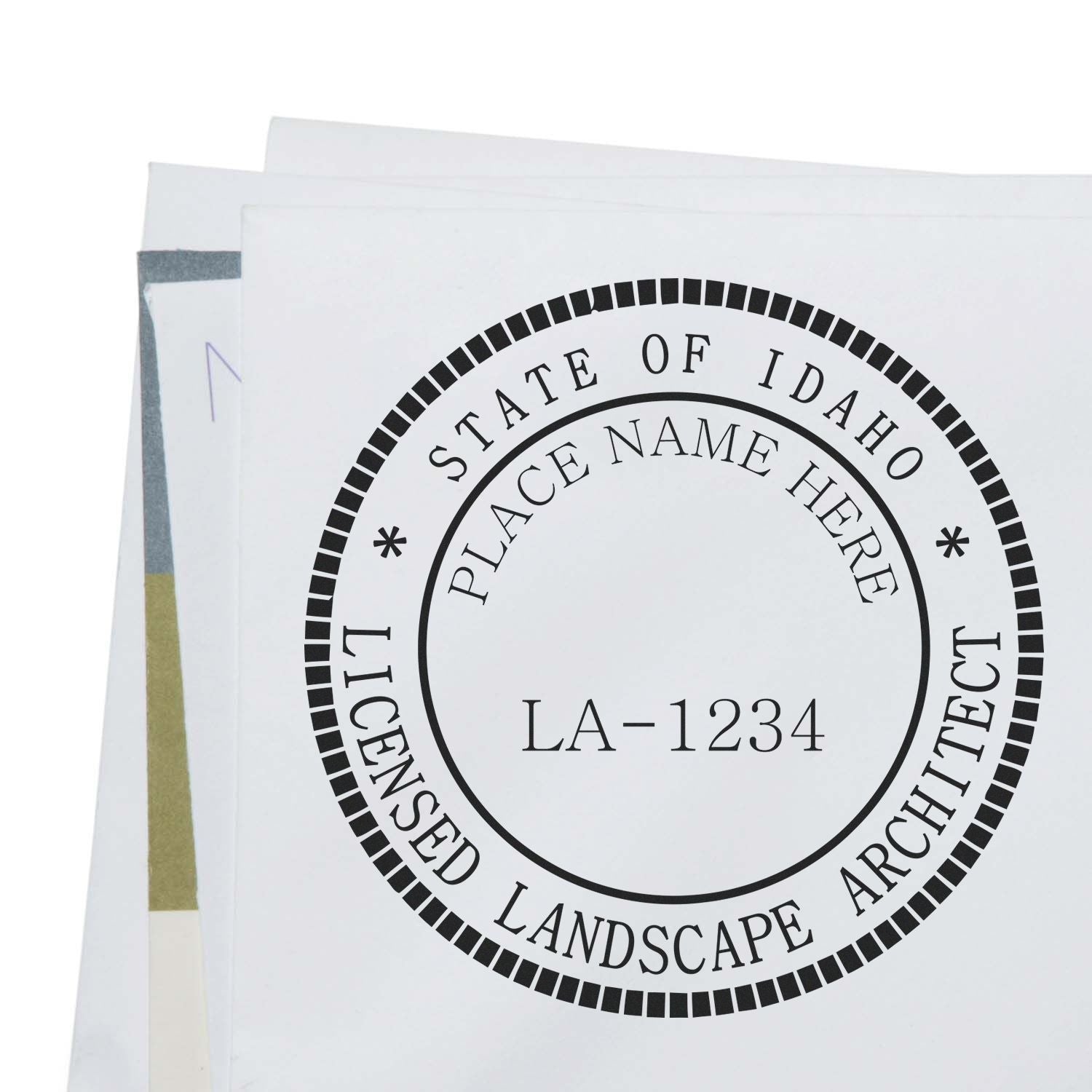 This paper is stamped with a sample imprint of the Idaho Landscape Architectural Seal Stamp, signifying its quality and reliability.