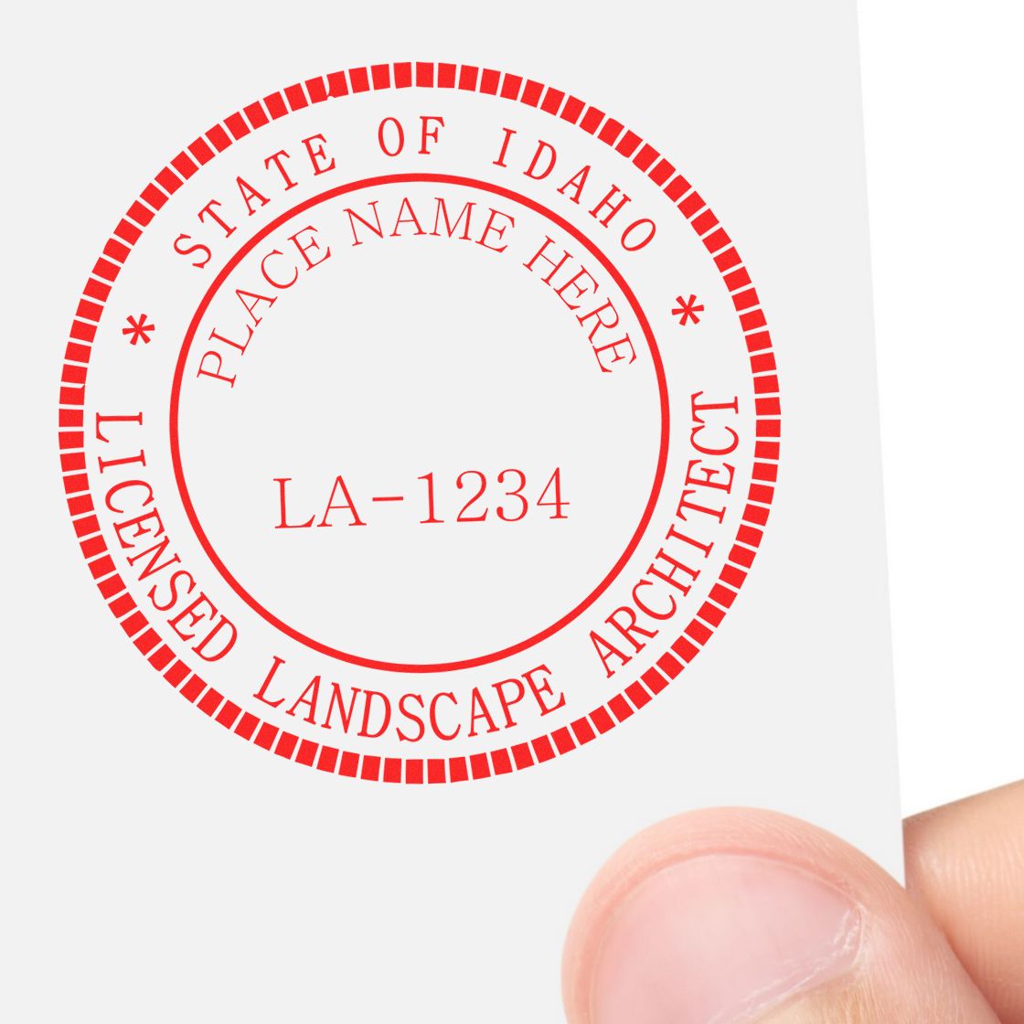The Idaho Landscape Architectural Seal Stamp stamp impression comes to life with a crisp, detailed photo on paper - showcasing true professional quality.