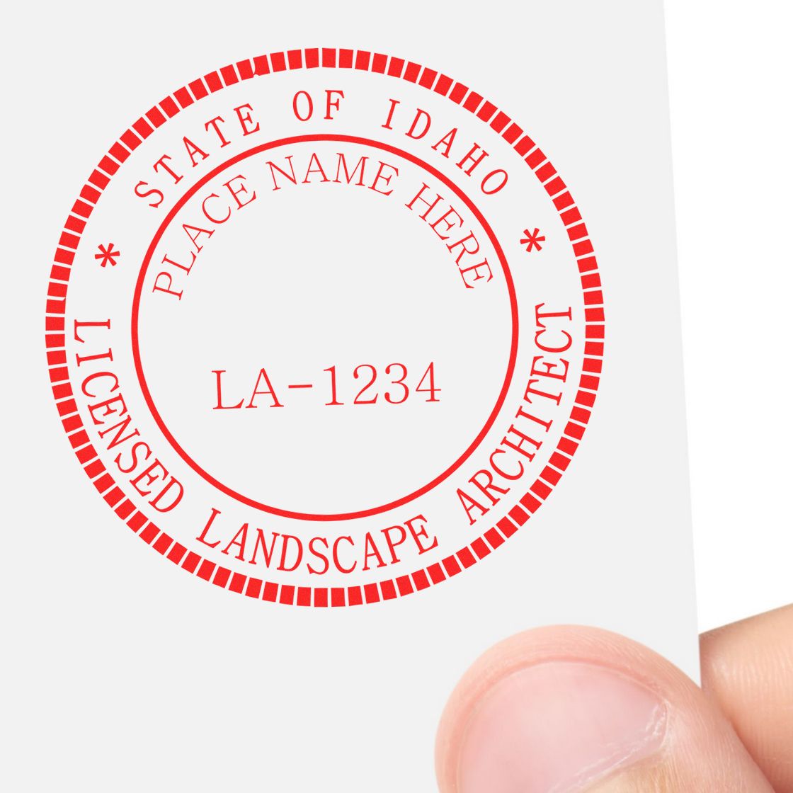 A stamped impression of the Self-Inking Idaho Landscape Architect Stamp in this stylish lifestyle photo, setting the tone for a unique and personalized product.