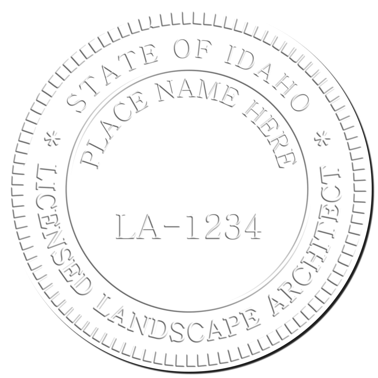 This paper is stamped with a sample imprint of the State of Idaho Extended Long Reach Landscape Architect Seal Embosser, signifying its quality and reliability.