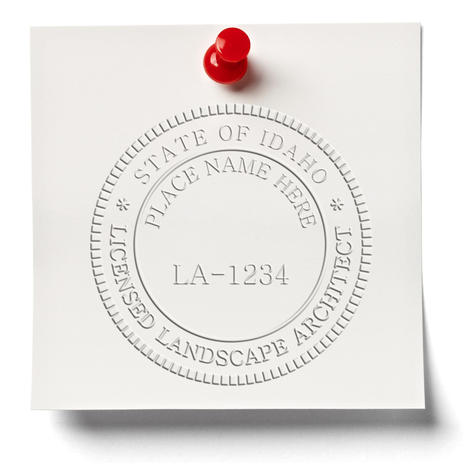 An alternative view of the Idaho Long Reach Landscape Architect Embossing Stamp stamped on a sheet of paper showing the image in use