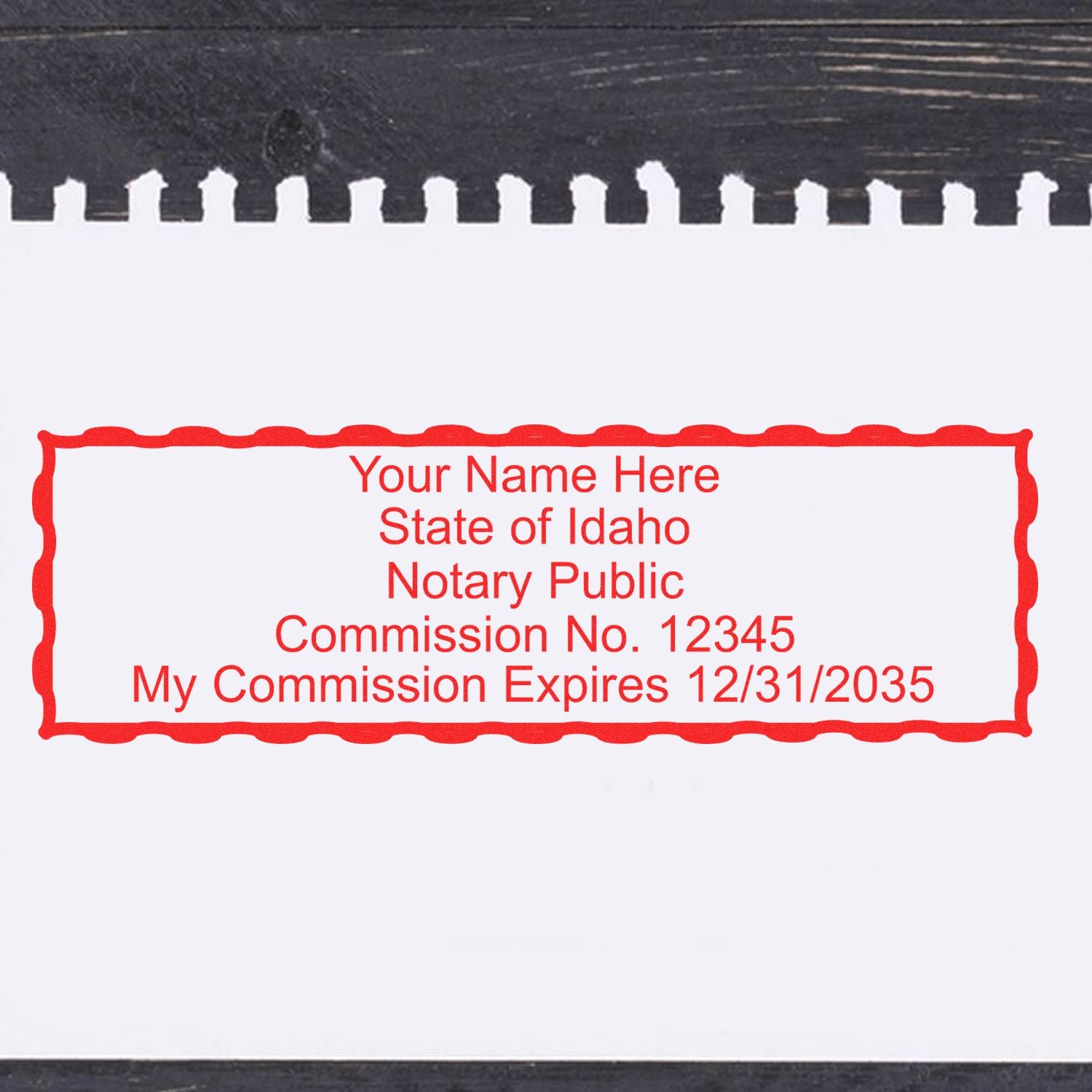 The Heavy-Duty Idaho Rectangular Notary Stamp stamp impression comes to life with a crisp, detailed photo on paper - showcasing true professional quality.