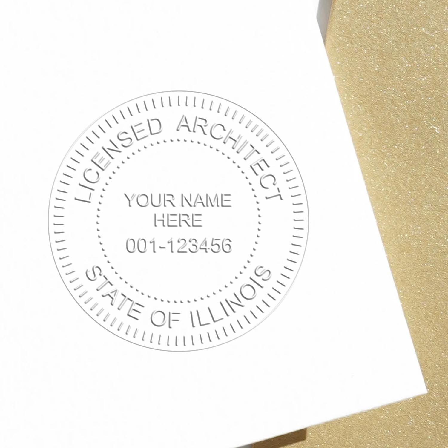 This paper is stamped with a sample imprint of the Extended Long Reach Illinois Architect Seal Embosser, signifying its quality and reliability.