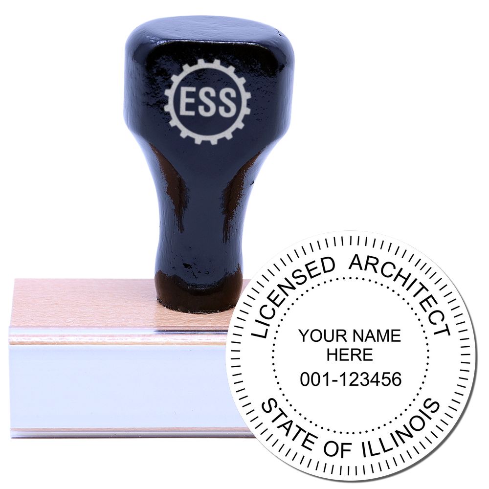 Wooden handle rubber stamp with Illinois Architect Seal Stamp design, featuring a customizable licensed architect seal for the State of Illinois.