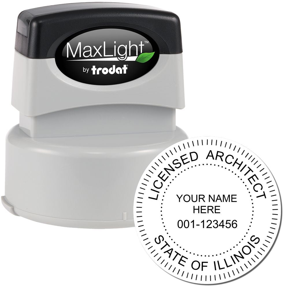 Image of a Premium MaxLight Pre-Inked Illinois Architectural Stamp with a sample imprint showing "Licensed Architect, State of Illinois."