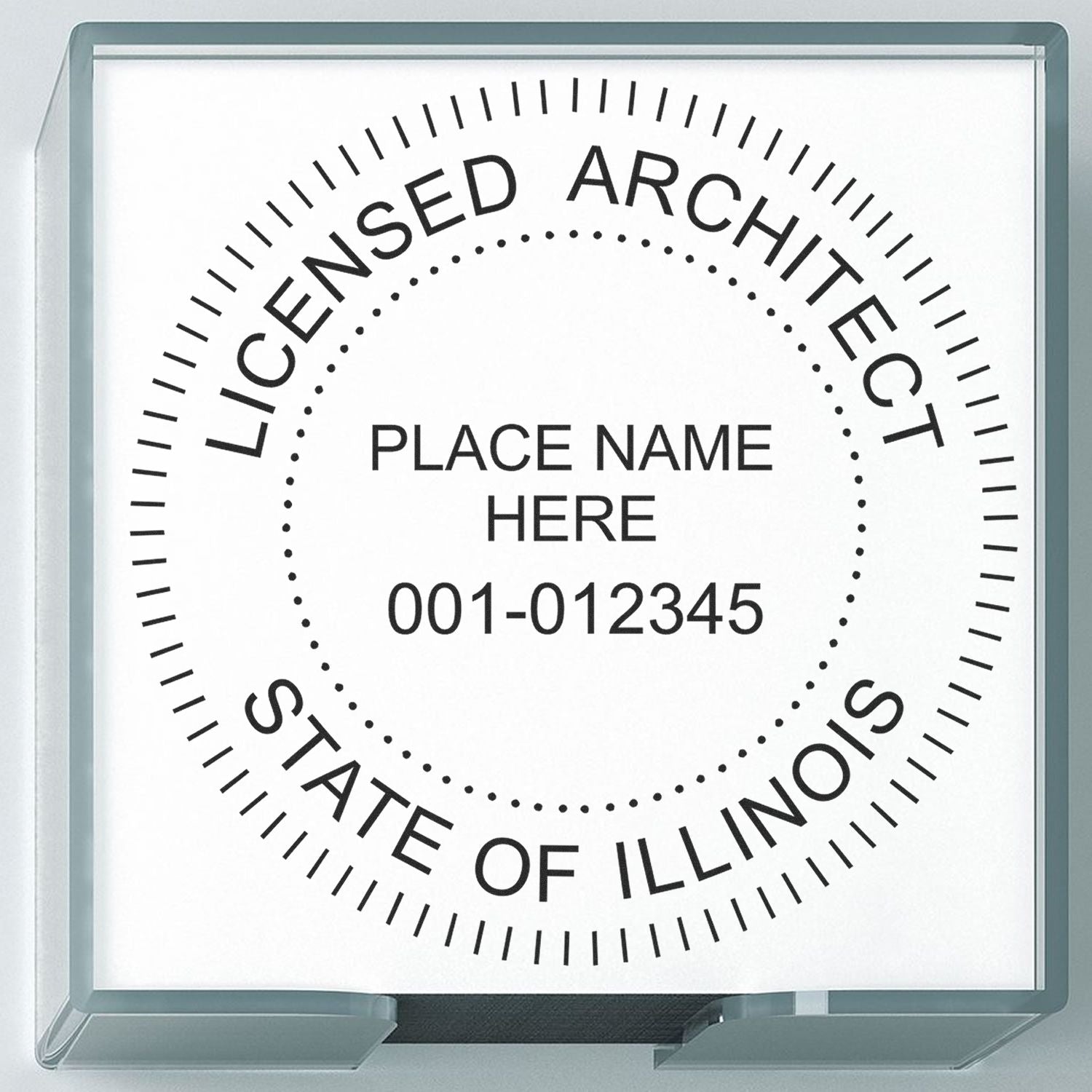 Premium MaxLight Pre-Inked Illinois Architectural Stamp with customizable name and license number, encased in a clear plastic holder.