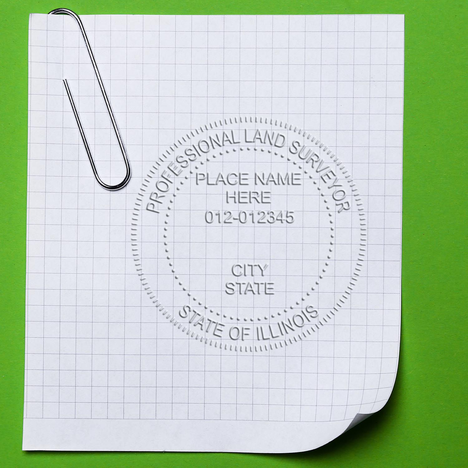 Another Example of a stamped impression of the Long Reach Illinois Land Surveyor Seal on a piece of office paper.