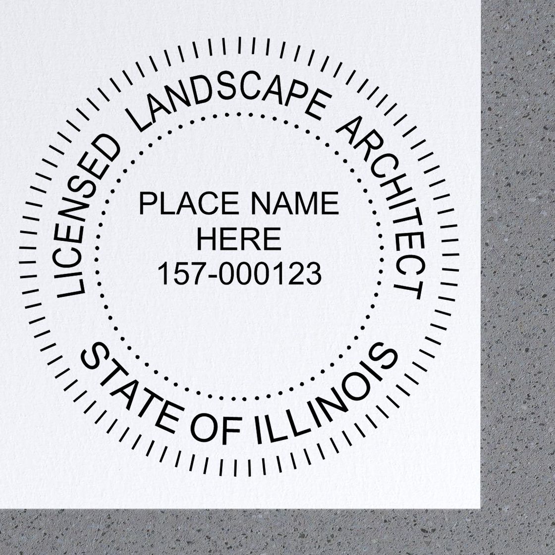 A stamped impression of the Self-Inking Illinois Landscape Architect Stamp in this stylish lifestyle photo, setting the tone for a unique and personalized product.