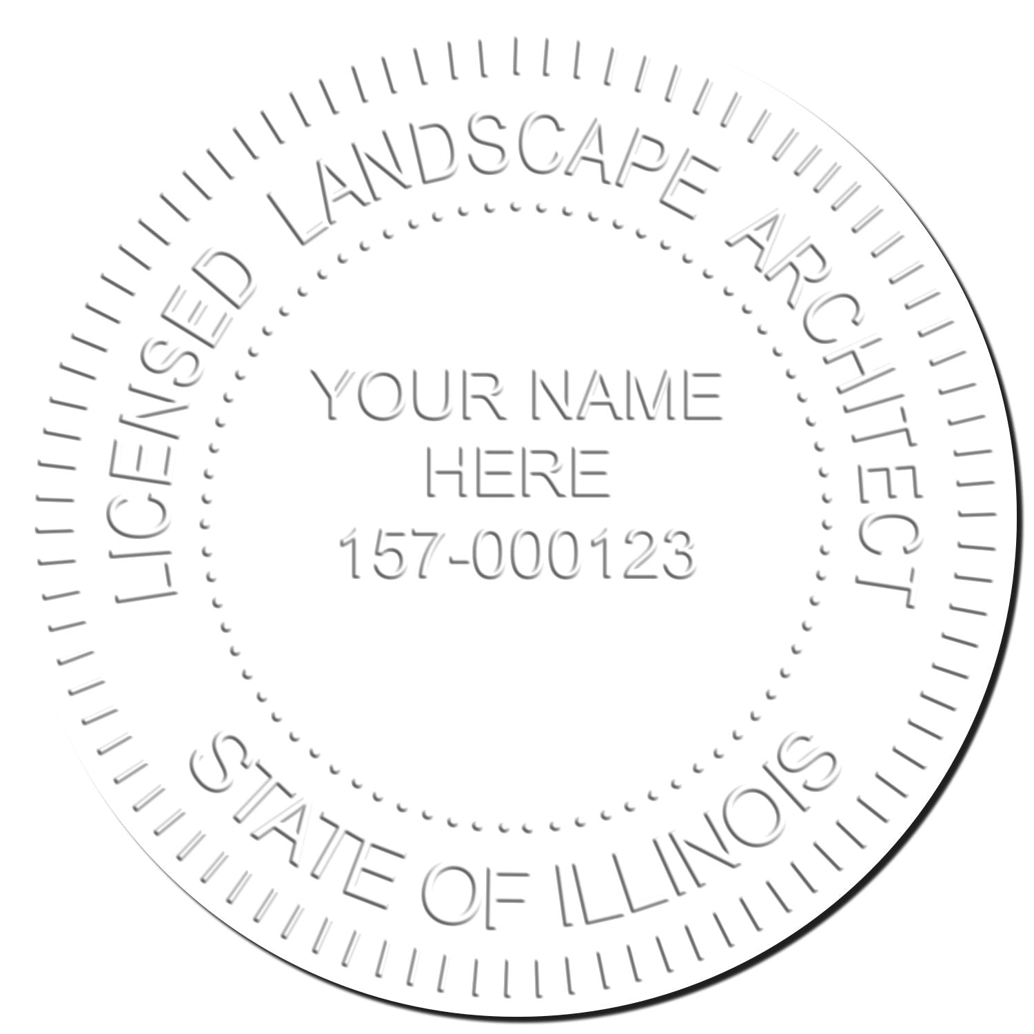 This paper is stamped with a sample imprint of the State of Illinois Handheld Landscape Architect Seal, signifying its quality and reliability.