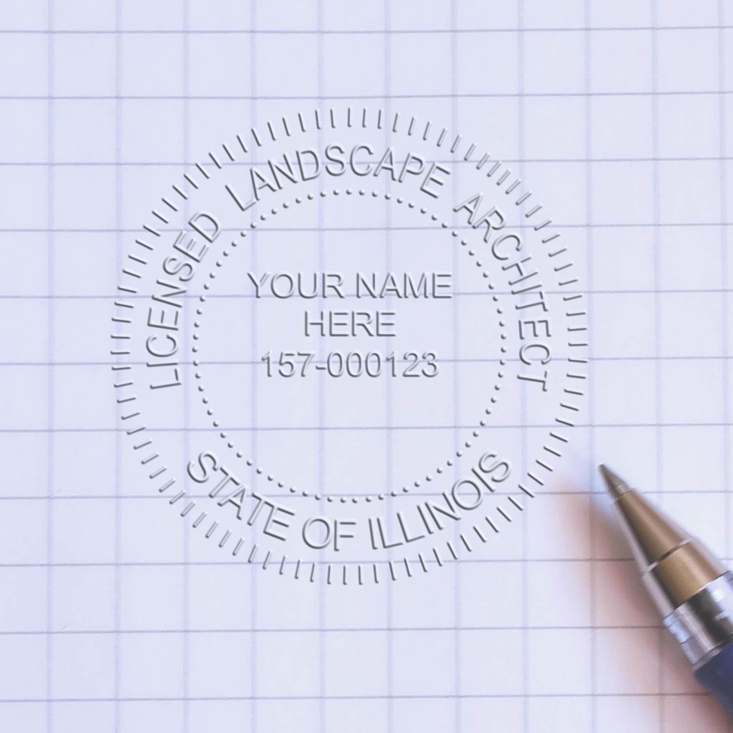 A stamped impression of the Illinois Desk Landscape Architectural Seal Embosser in this stylish lifestyle photo, setting the tone for a unique and personalized product.