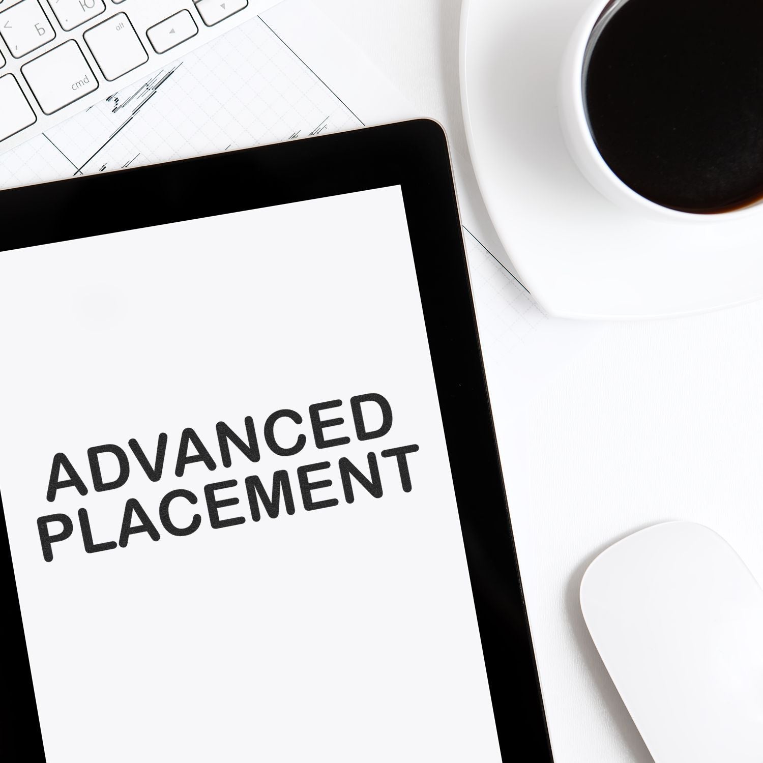 Advanced Placement rubber stamp on a white paper near a keyboard, tablet, coffee cup, and mouse.