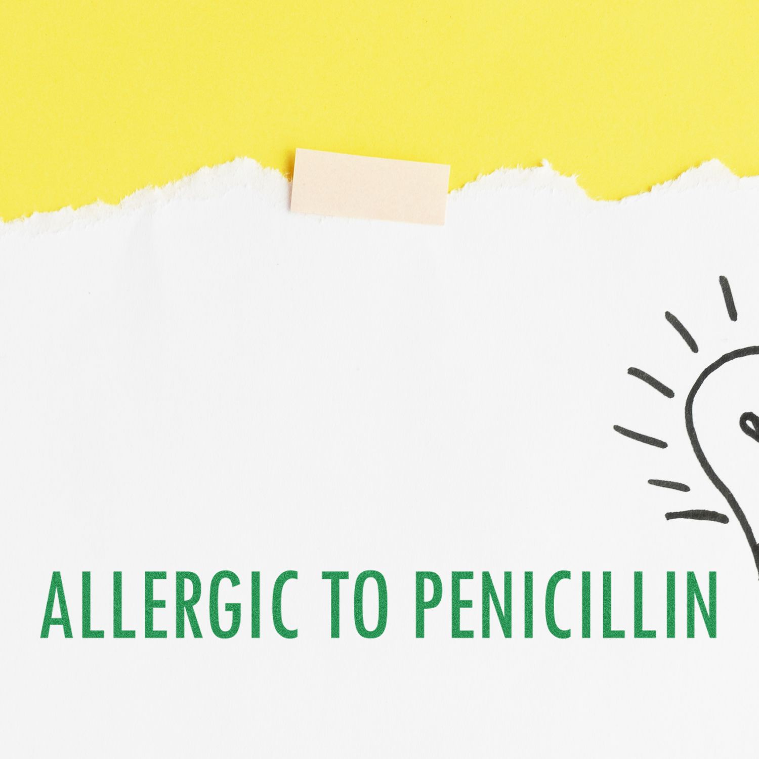 Large Pre-Inked Allergic To Penicillin Stamp in use, displaying clear green text ALLERGIC TO PENICILLIN on white paper with yellow background.