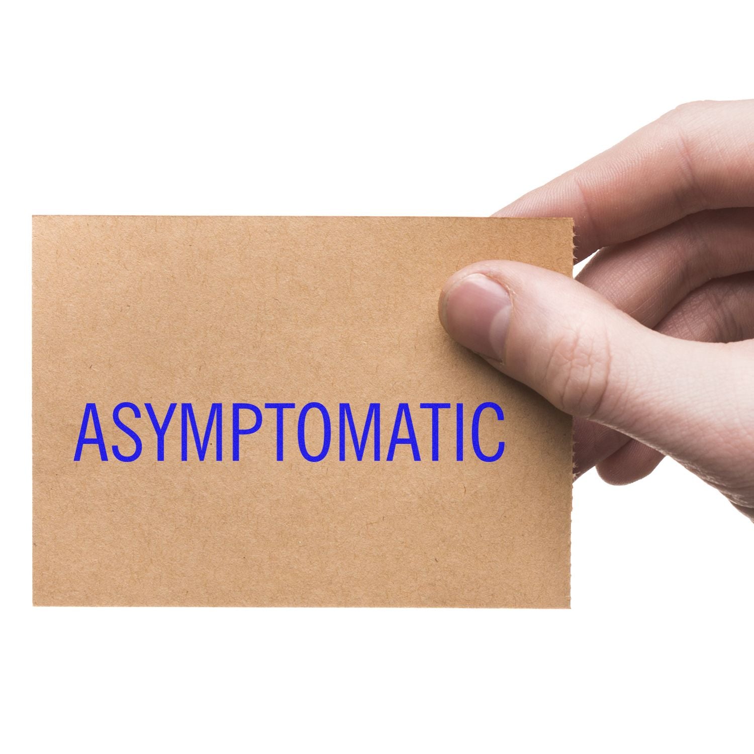 Hand holding a brown card stamped with the word ASYMPTOMATIC in blue, showcasing an asymptomatic rubber stamp.