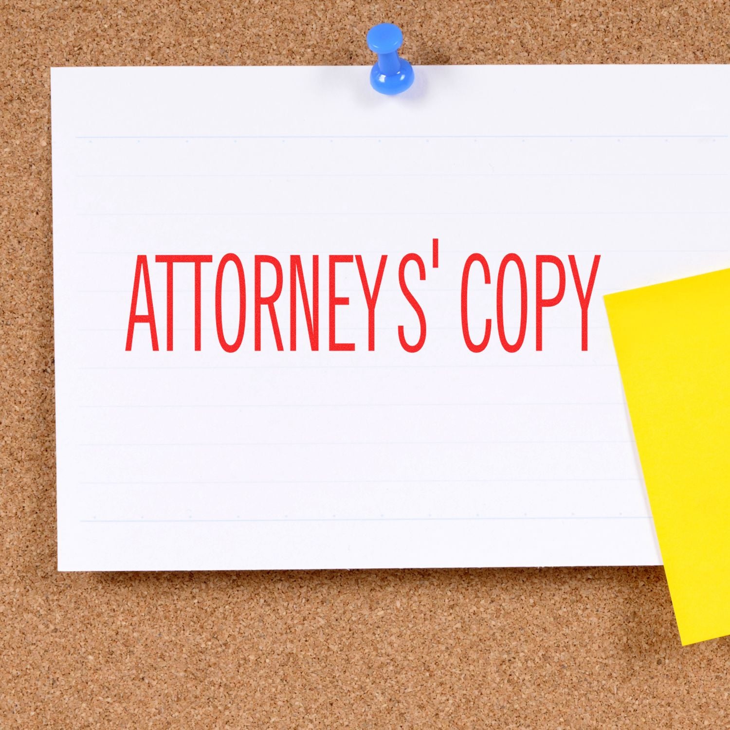 Large Attorneys' Copy Rubber Stamp in use, stamping ATTORNEYS' COPY in red ink on a white paper pinned to a corkboard with a blue pushpin.