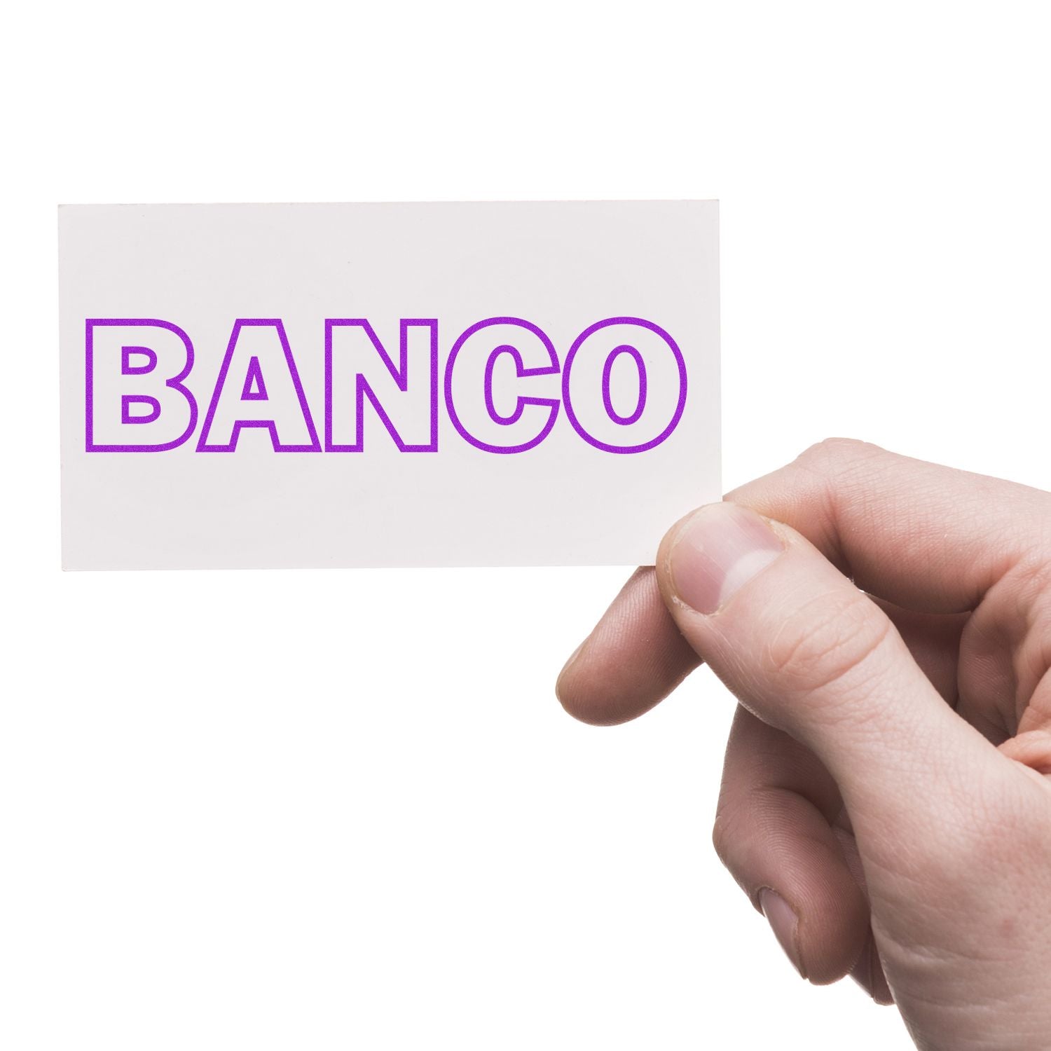 A hand holding a card stamped with the word BANCO in purple ink, showcasing the Self Inking Banco Stamp in use.