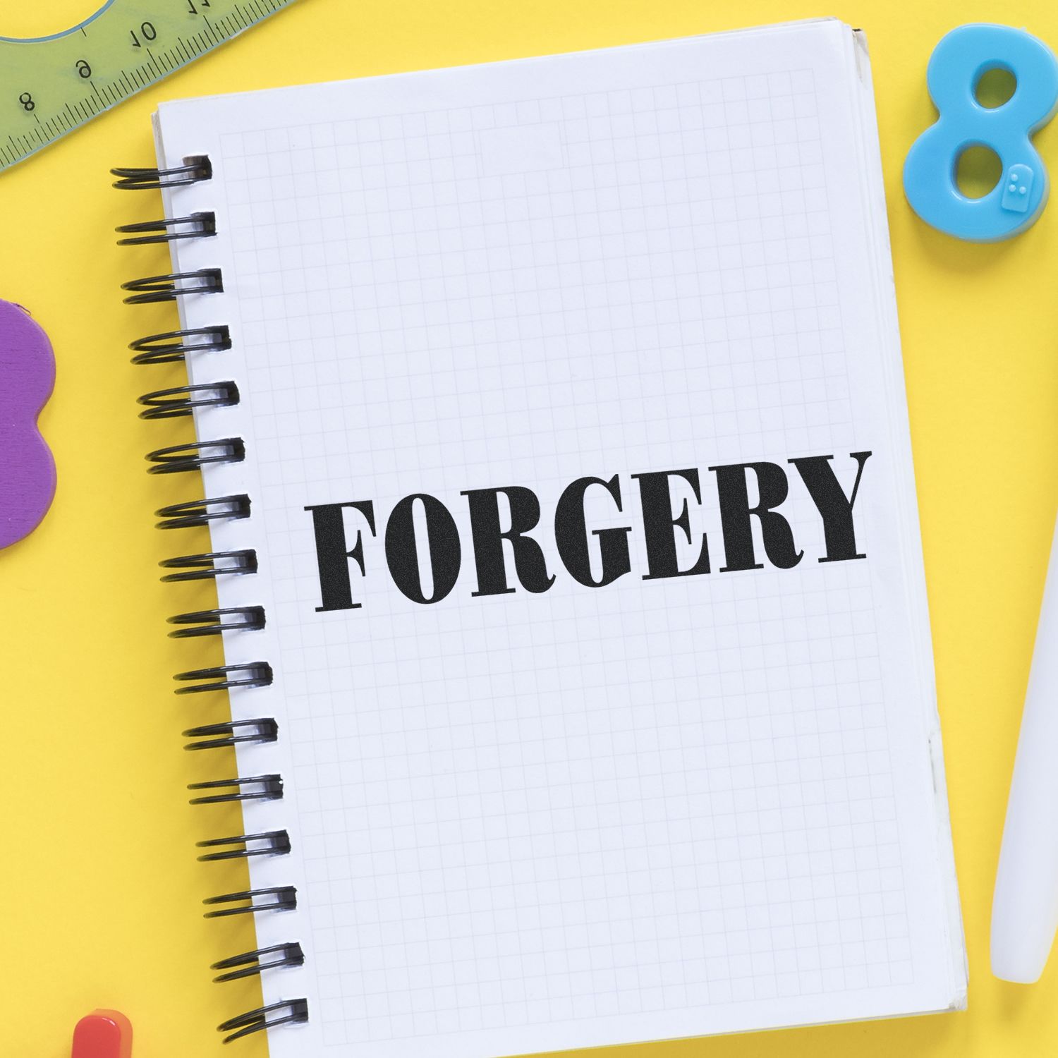 A notebook with the word FORGERY stamped on it using the Forgery Rubber Stamp, placed on a yellow desk with various stationery items.