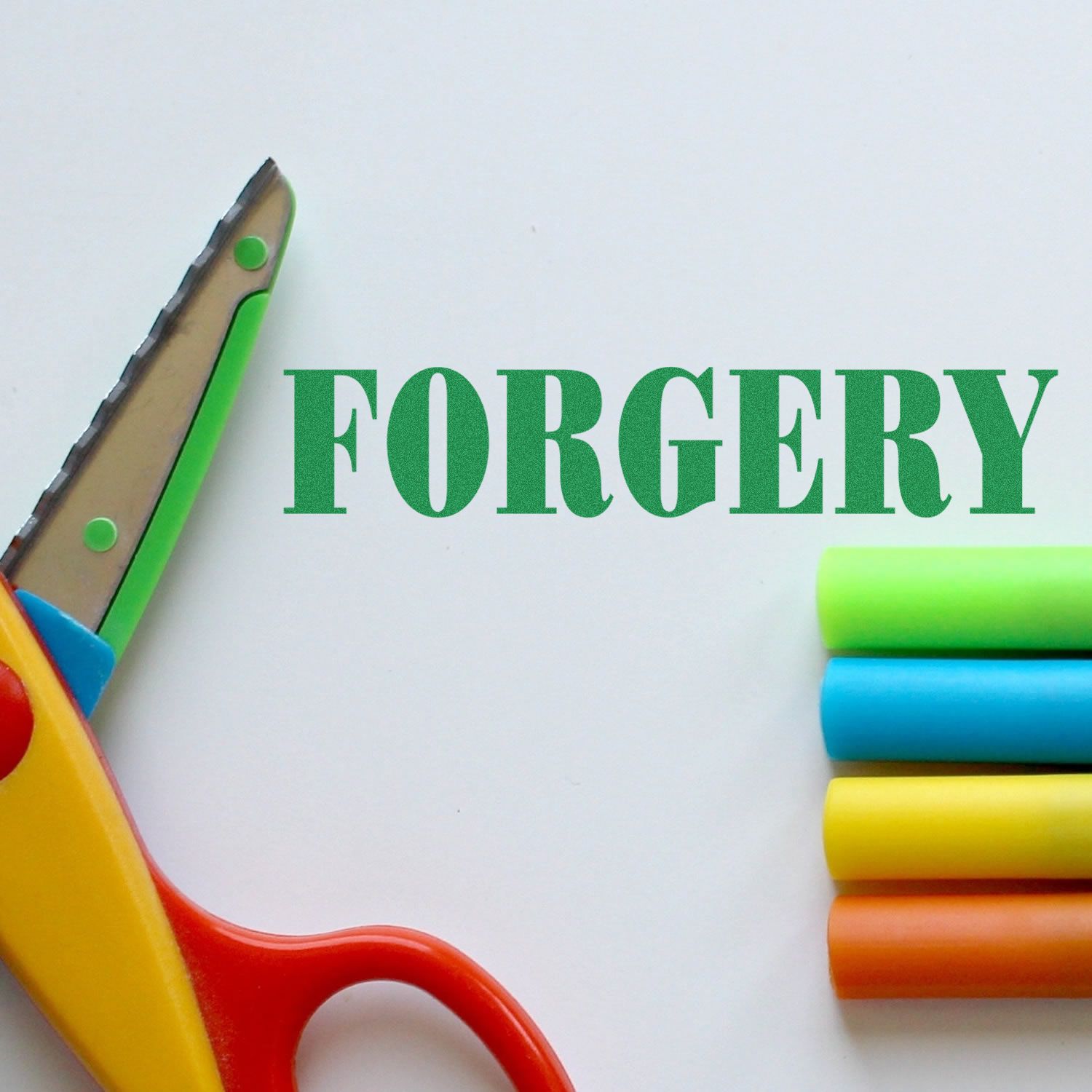 Forgery Rubber Stamp in use with colorful markers and a pair of scissors on a white background.