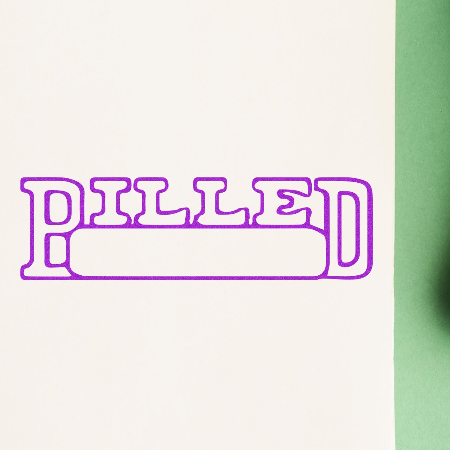 Billed with Date Box Rubber Stamp in purple ink on white paper, with a green background on the right side.