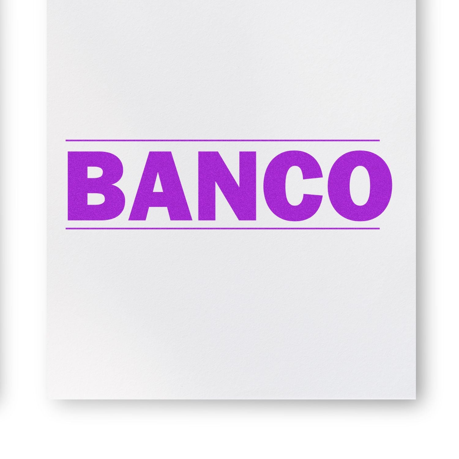 Bold Banco Rubber Stamp impression in purple ink on white paper, with the word BANCO in large, bold letters.