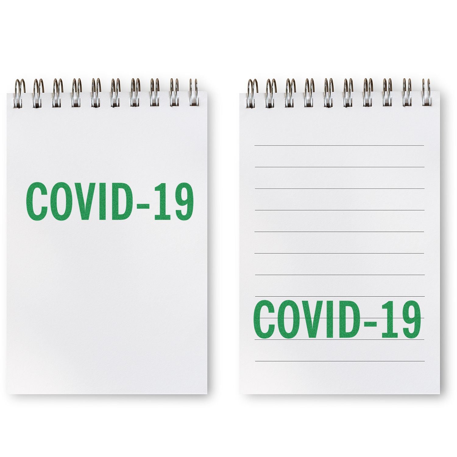 Two notepads with COVID-19 stamped in green using a Bold Covid-19 Rubber Stamp, one on blank paper and one on lined paper.