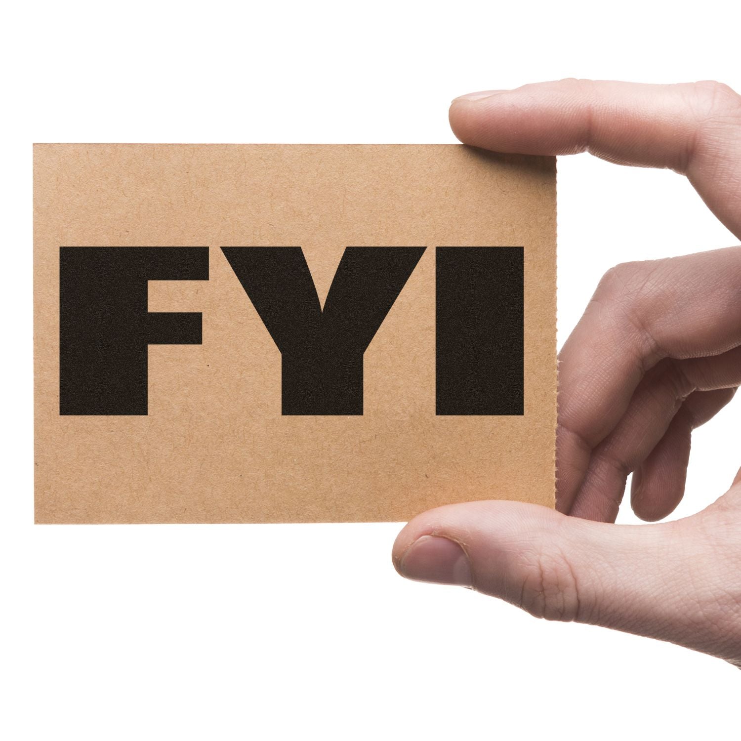 Hand holding a card with FYI stamped in bold black letters using a Bold FYI Rubber Stamp.