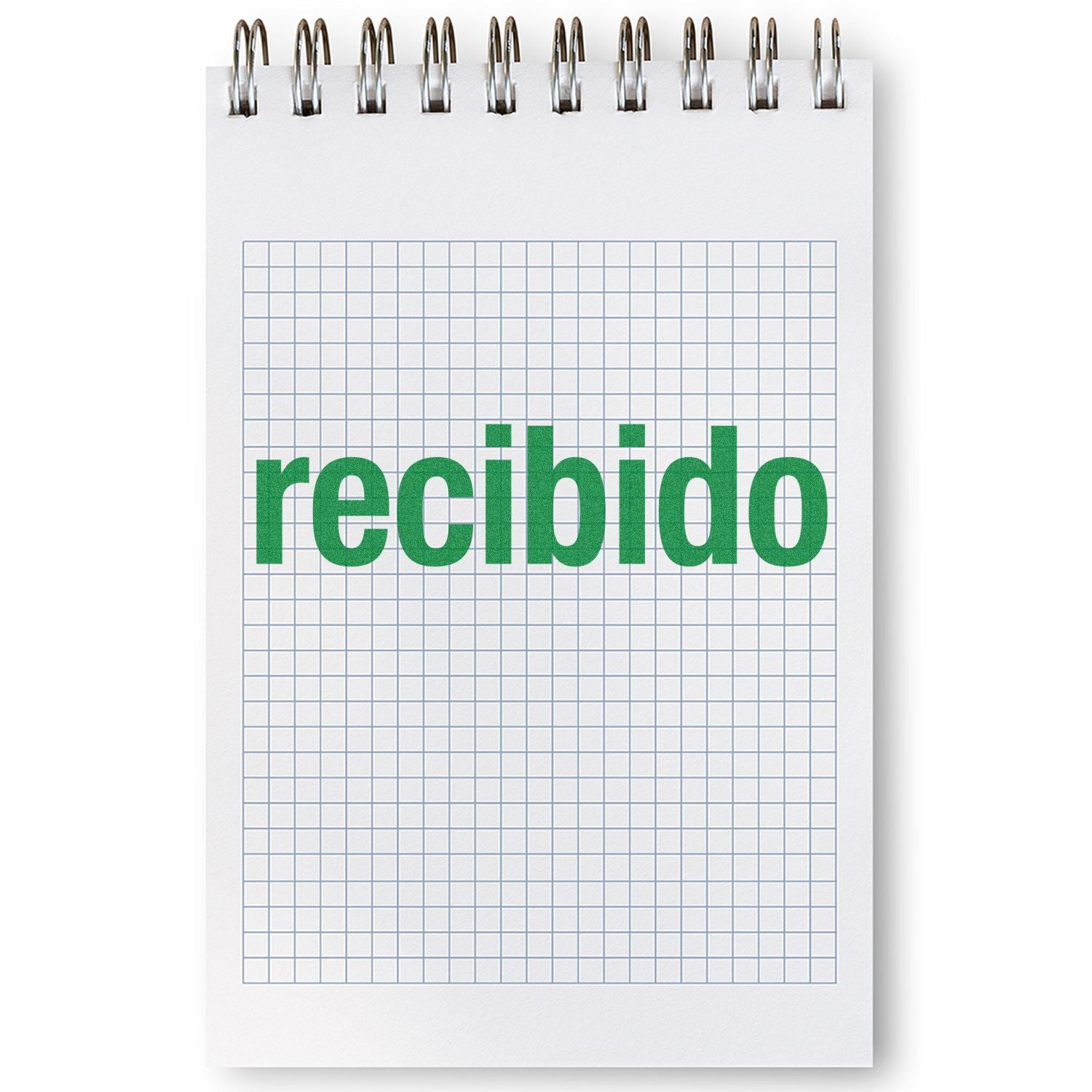 Large Pre-Inked Bold Recibido Stamp imprint in green on a graph paper notebook, showcasing the clear and bold text.