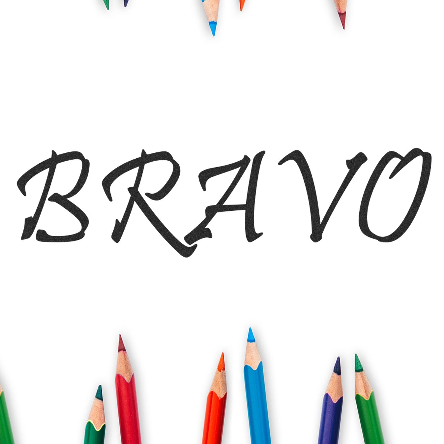 Bravo Rubber Stamp impression in black ink on white paper, surrounded by colorful pencils at the top and bottom edges.