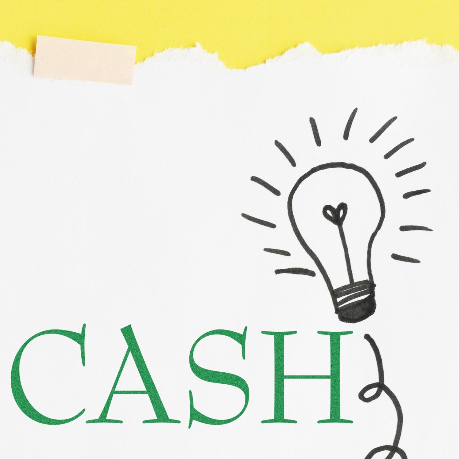 A piece of paper with the word CASH stamped in green using a Self Inking Cash Stamp, next to a drawing of a light bulb on a yellow background.