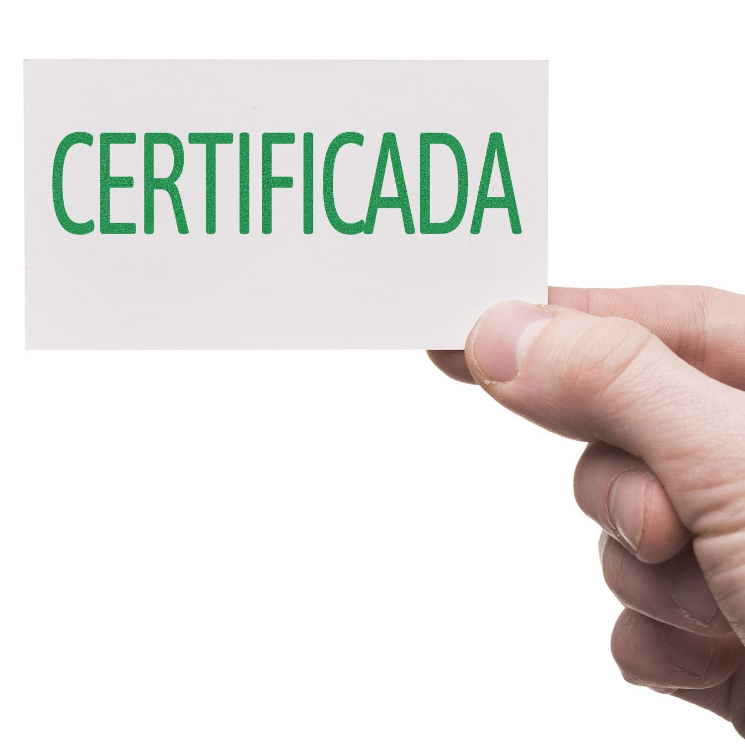 A hand holding a card stamped with CERTIFICADA in green ink using the Large Certificada Rubber Stamp.