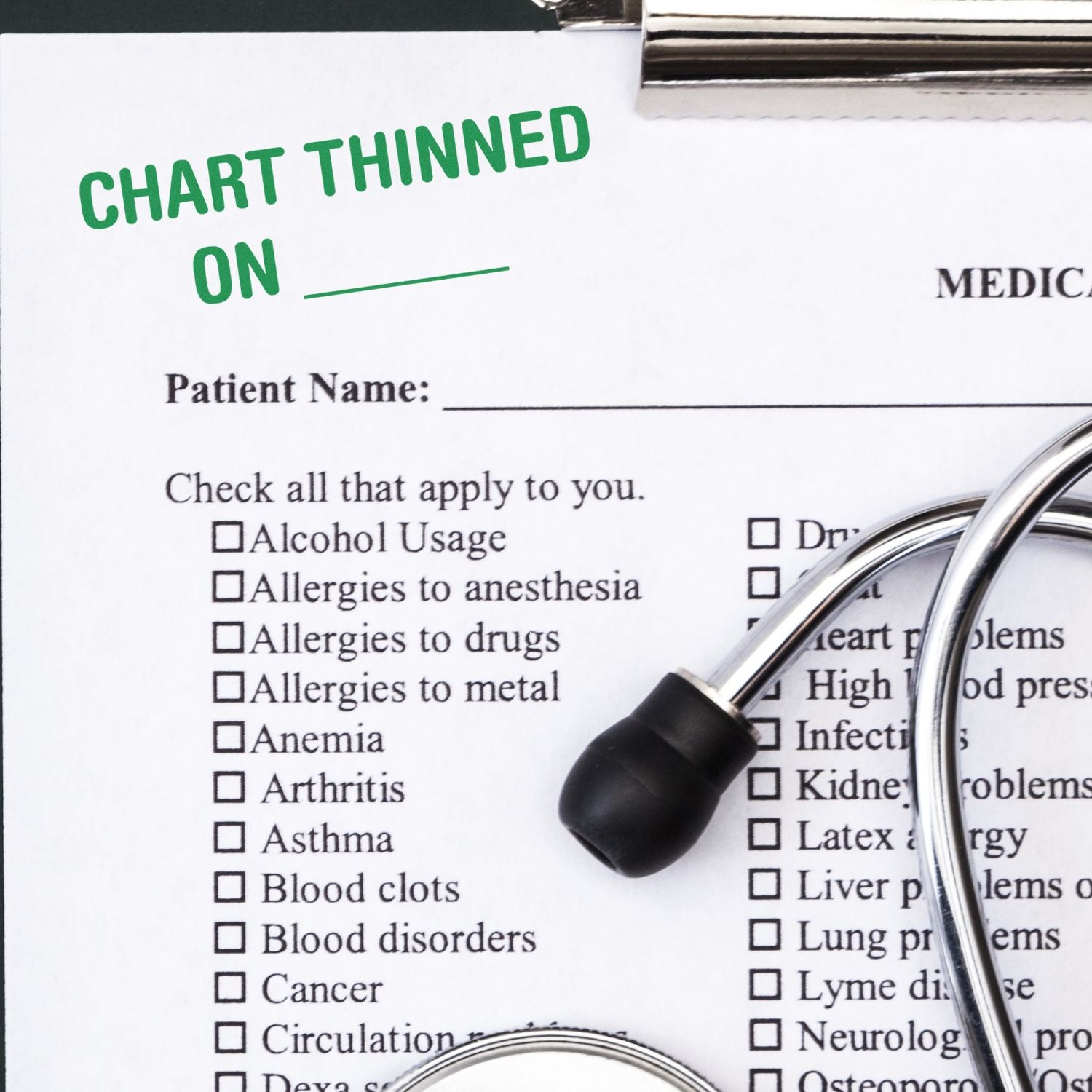 Large Pre-Inked Chart Thinned On Stamp in use on a medical chart with a stethoscope and clipboard in the background.