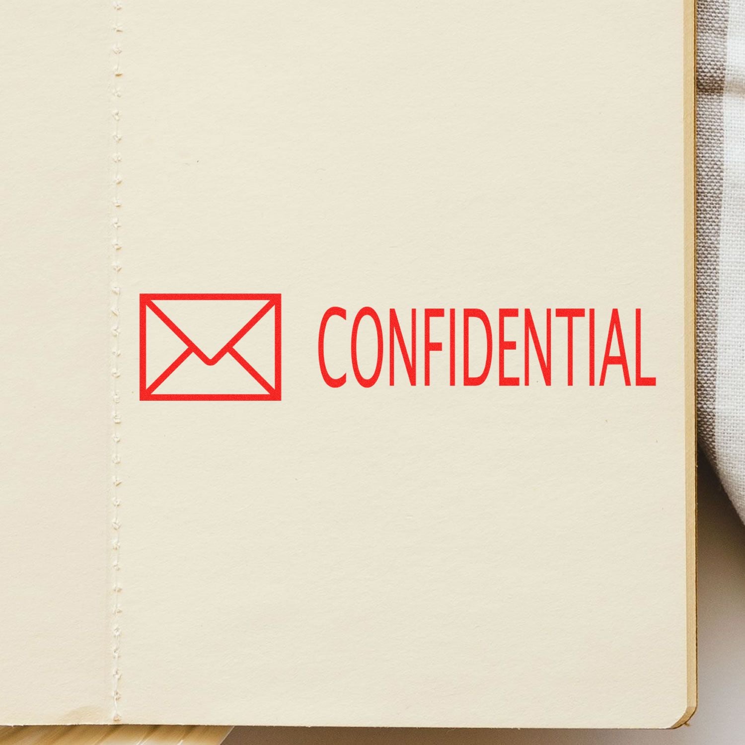 Confidential with Envelope Rubber Stamp in red ink on a beige paper, featuring an envelope icon next to the word CONFIDENTIAL .