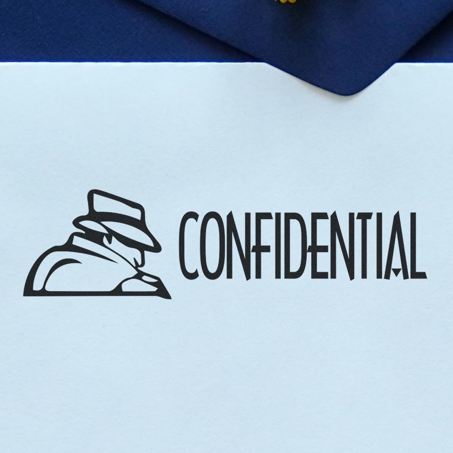 Large Pre-Inked Confidential with Logo Stamp on white paper, featuring a silhouette of a person in a hat and coat next to the word CONFIDENTIAL .