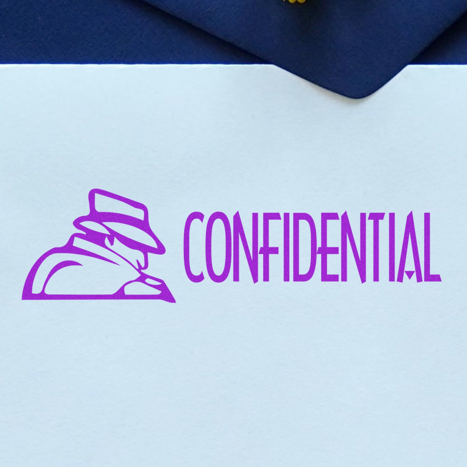 Large Pre-Inked Confidential with Logo Stamp in purple ink on a white envelope, featuring a silhouette of a person in a hat.