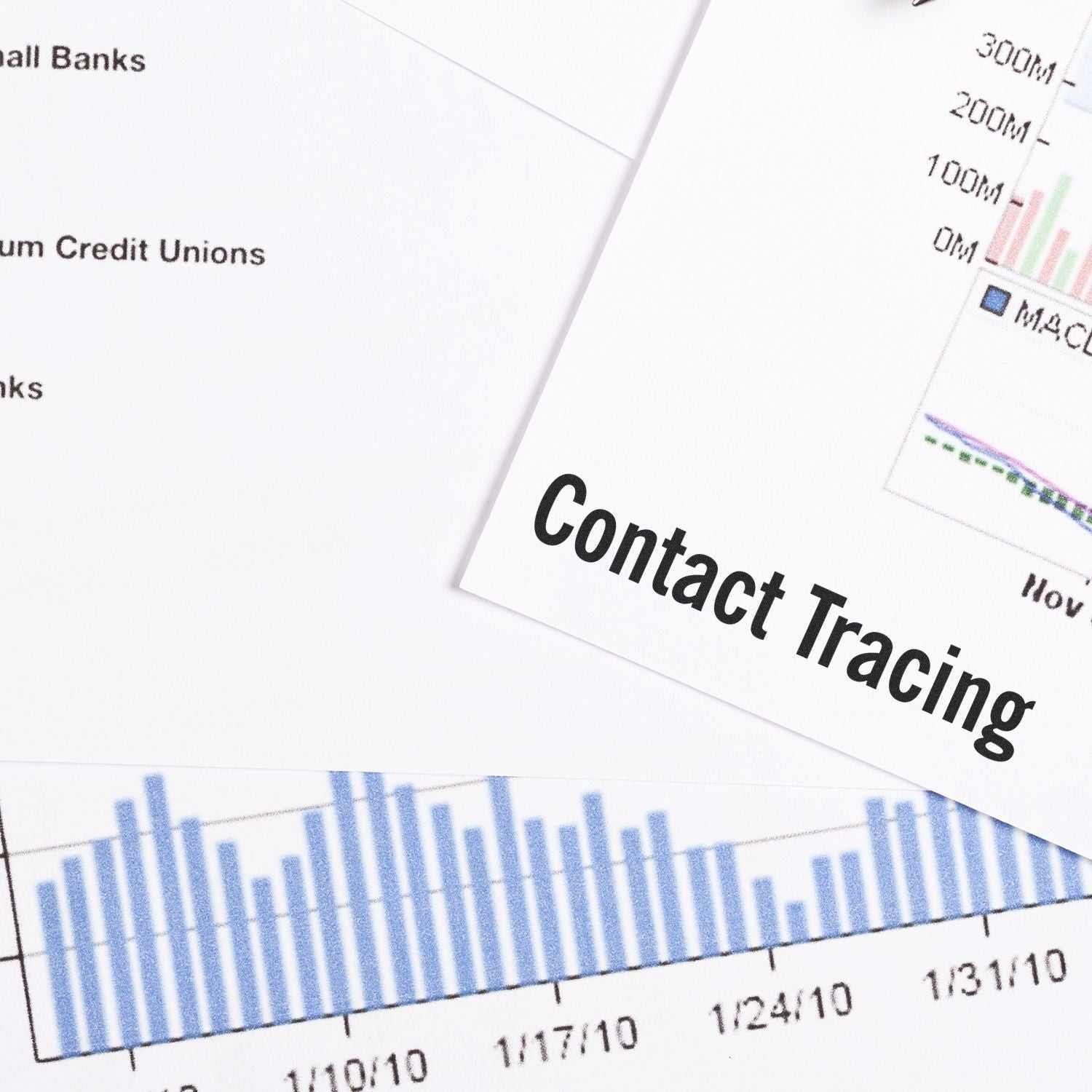 A Large Pre-Inked Contact Tracing Stamp is used on a document with graphs and charts, highlighting the importance of contact tracing.