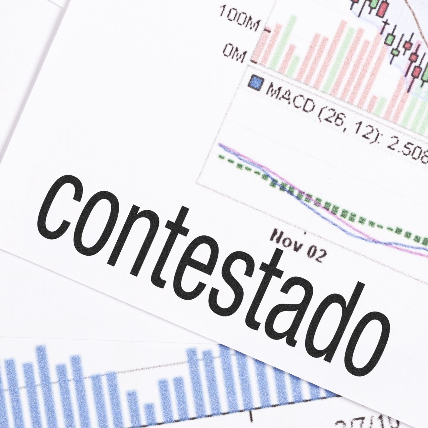 Contestado Rubber Stamp used on a white paper with financial graphs and charts in the background.