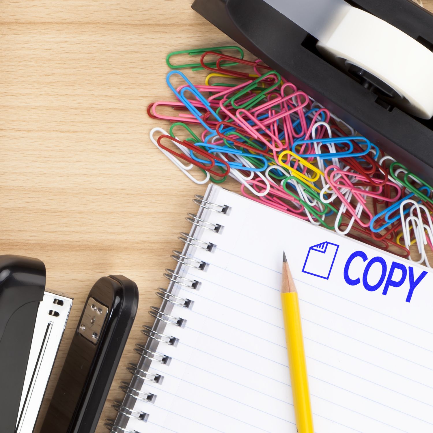 A desk with colorful paperclips, a stapler, tape dispenser, and a notebook stamped with COPY using the Copy with Letter Rubber Stamp.