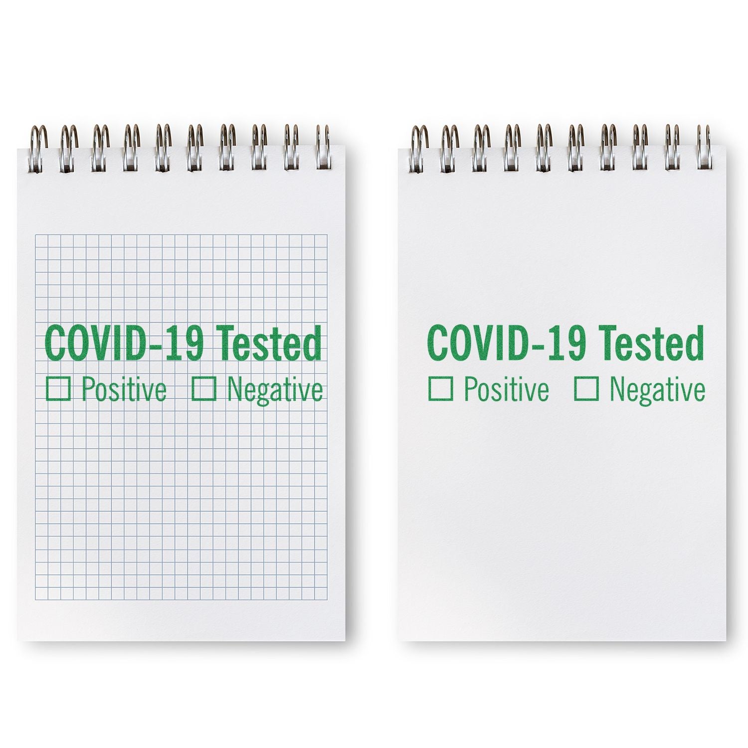 Two notepads with COVID-19 Tested rubber stamps, each with checkboxes for Positive and Negative results, displayed on the pages.