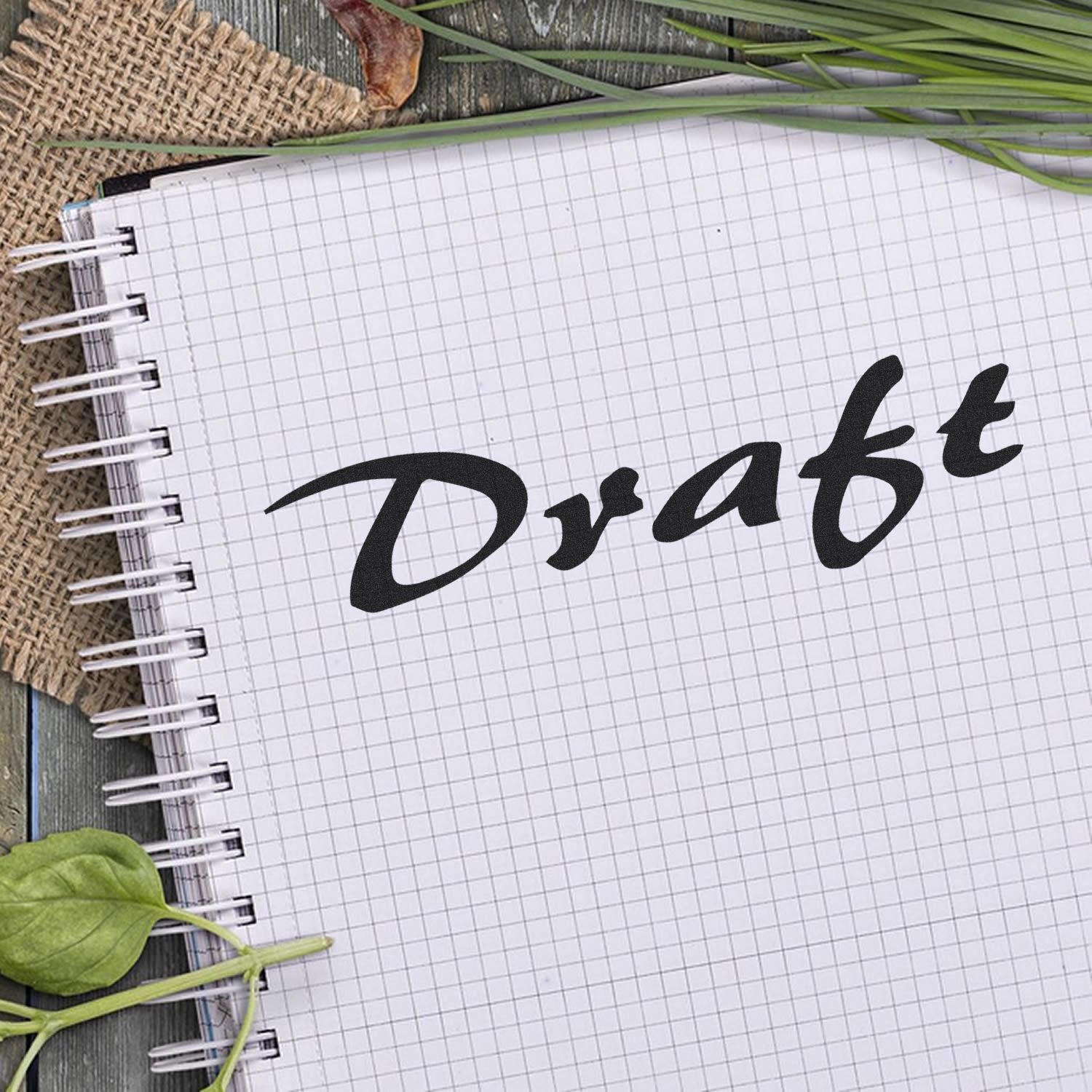 Large Pre-Inked Cursive Draft Stamp used on a spiral notebook with a grid pattern, surrounded by leaves and burlap fabric.