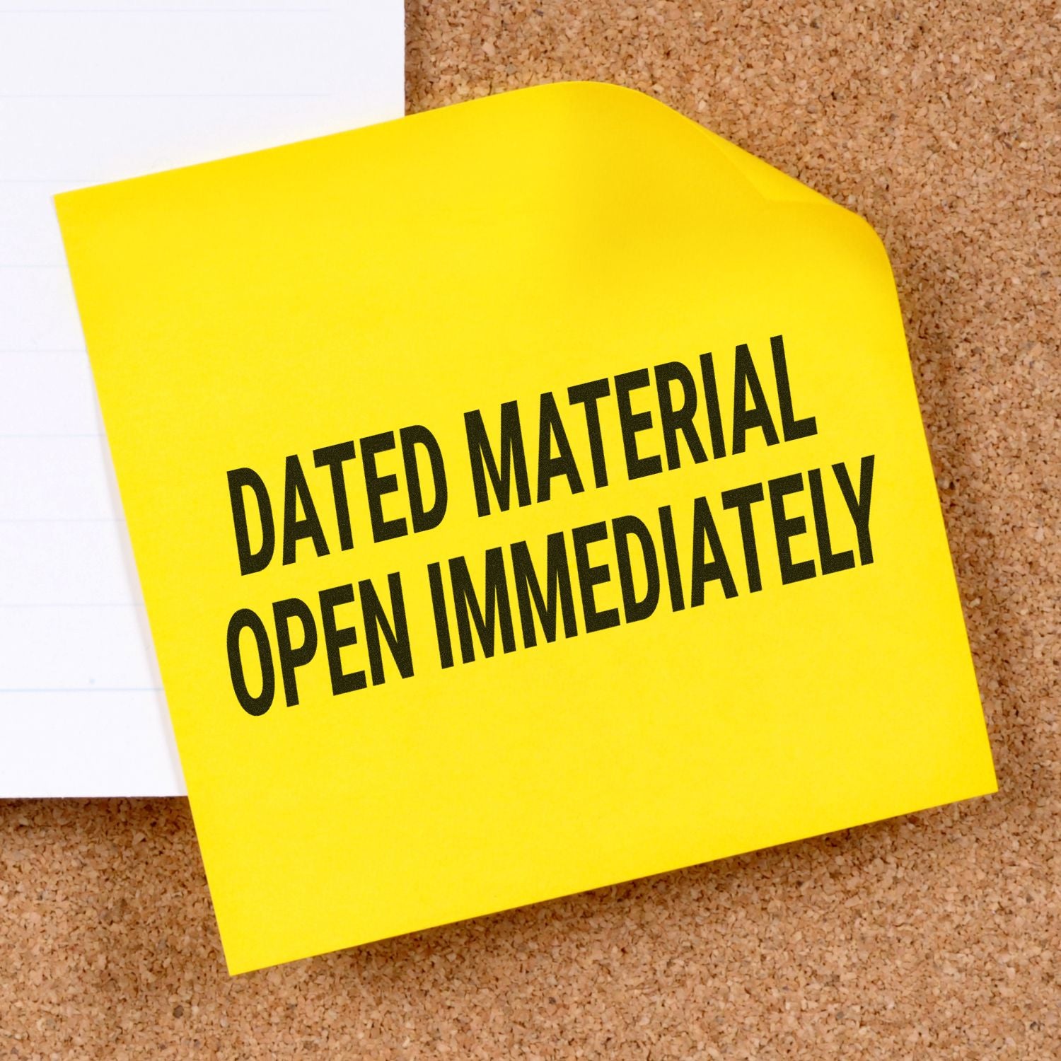 Yellow sticky note on corkboard with DATED MATERIAL OPEN IMMEDIATELY stamped using a Slim Pre-Inked Dated Material Open Immediately Stamp.