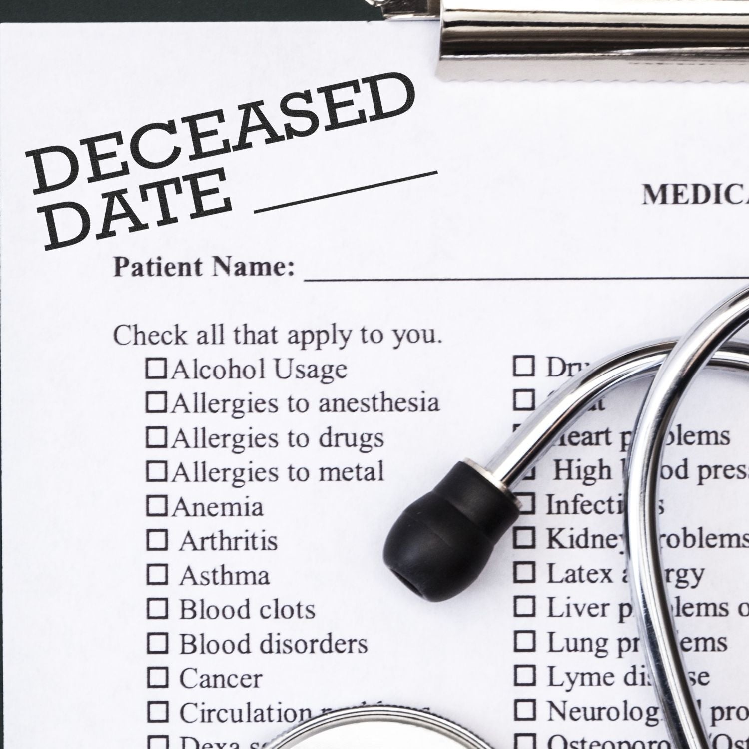 Deceased Date Rubber Stamp used on a medical form with a stethoscope and clipboard in the background.